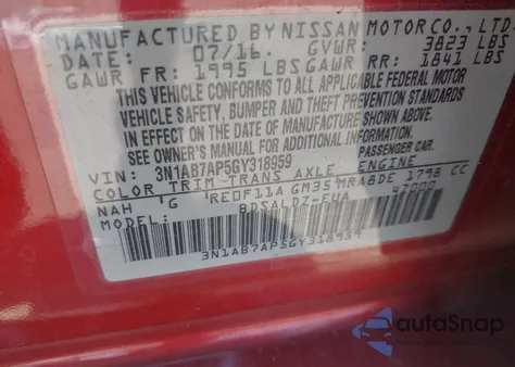 2016 Nissan Sentra Sv z USA, uszkodzony, nr VIN 3N1AB7AP5GY318959